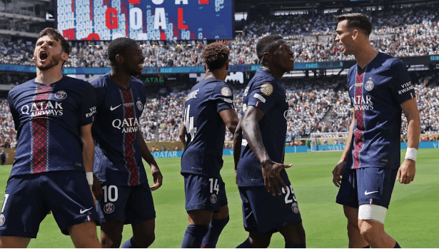 Players from Paris Saint Germain gather in the field in a FIFA Club World Cup match in file photo.